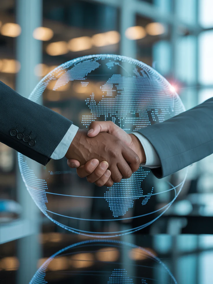 Business handshake in front of a world map