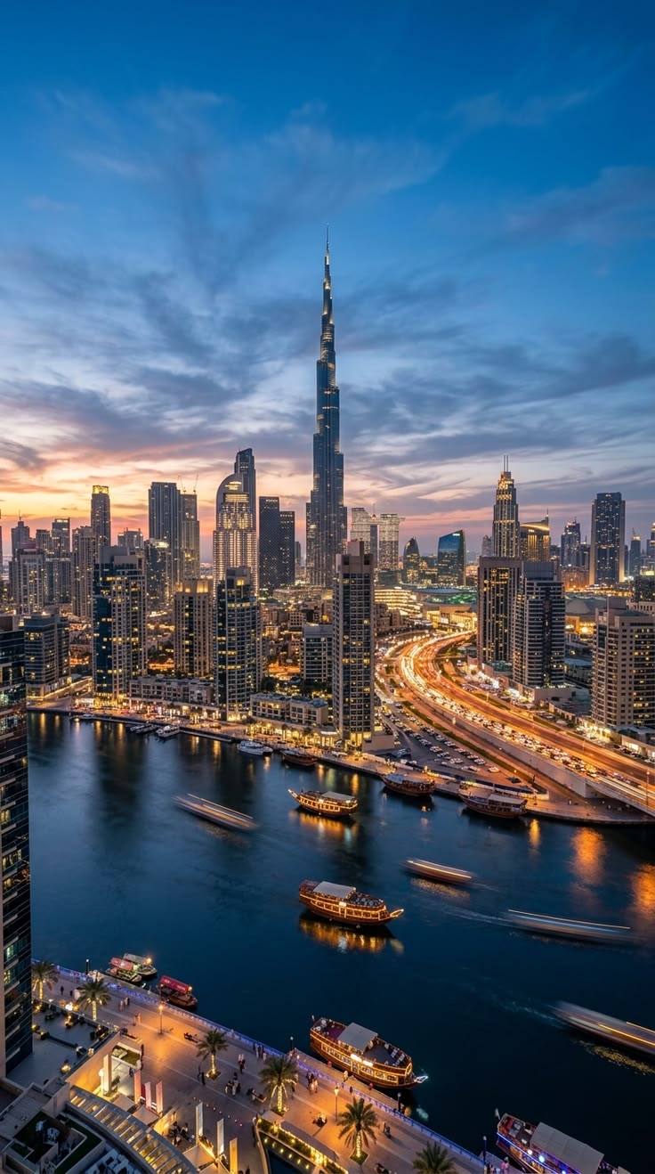 Dubai skyline and marina at dusk