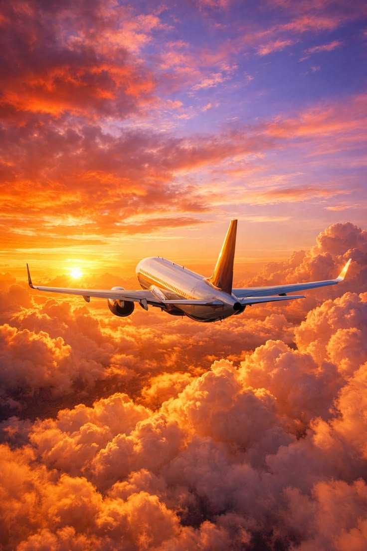 Passenger airplane flying above golden sunset clouds