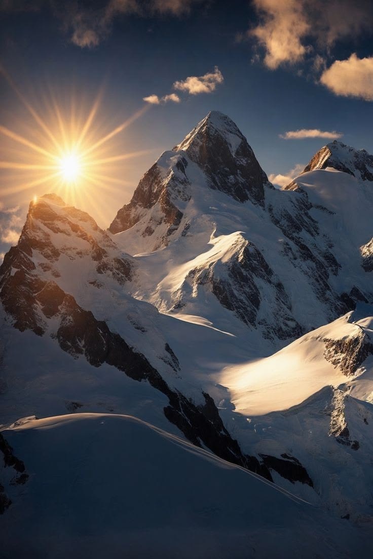 Snow-capped mountains at sunrise