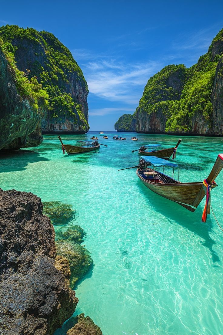 Phuket island lagoon with longtail boats